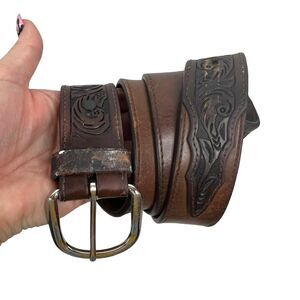 3-D Size 38 Belt Western Tooled Embossed Brown Leather Silver Tone Buckle